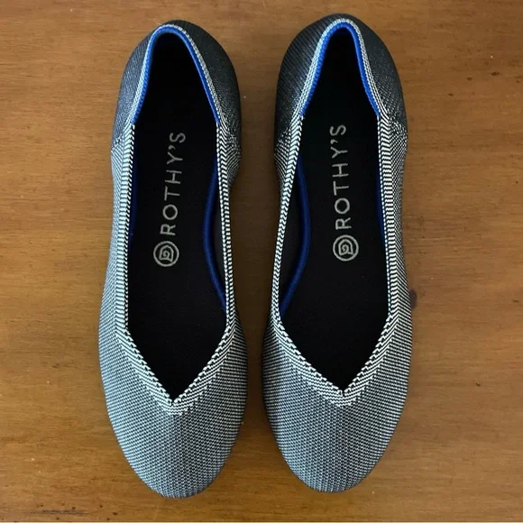 Rothys The Flat Flax Black & White Gray Birdseye Round Toe Ballet Shoes Sz 9.5 - Picture 11 of 14
